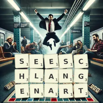 Kreative Illustration für ein Scrabble-Spiel, bei dem das Wort SEESCHLANGENART mit Steinen auf dem Brett gelegt wurde.