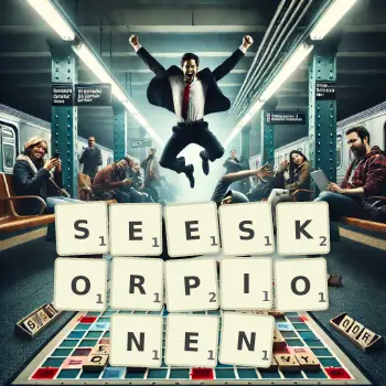 Kreative Illustration für ein Scrabble-Spiel, bei dem das Wort SEESKORPIONEN mit Steinen auf dem Brett gelegt wurde.