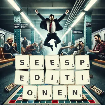 Kreative Illustration für ein Scrabble-Spiel, bei dem das Wort SEESPEDITIONEN mit Steinen auf dem Brett gelegt wurde.