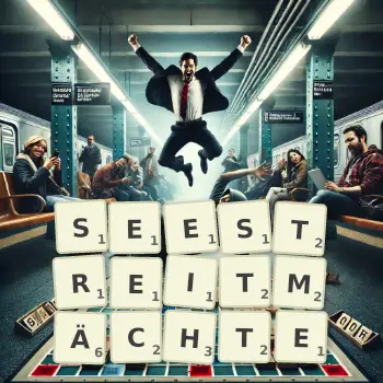 Kreative Illustration für ein Scrabble-Spiel, bei dem das Wort SEESTREITMÄCHTE mit Steinen auf dem Brett gelegt wurde.