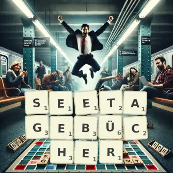 Kreative Illustration für ein Scrabble-Spiel, bei dem das Wort SEETAGEBÜCHER mit Steinen auf dem Brett gelegt wurde.