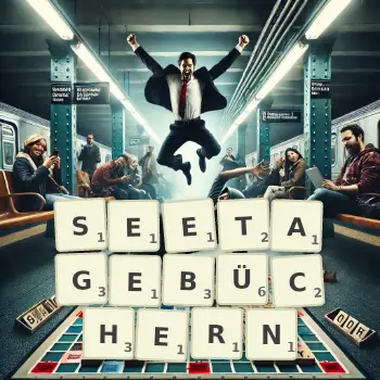Kreative Illustration für ein Scrabble-Spiel, bei dem das Wort SEETAGEBÜCHERN mit Steinen auf dem Brett gelegt wurde.