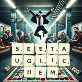 Kreative Illustration für ein Scrabble-Spiel, bei dem das Wort SEETAUGLICHEM mit Steinen auf dem Brett gelegt wurde.