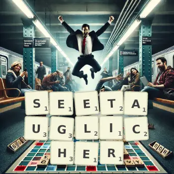 Kreative Illustration für ein Scrabble-Spiel, bei dem das Wort SEETAUGLICHER mit Steinen auf dem Brett gelegt wurde.