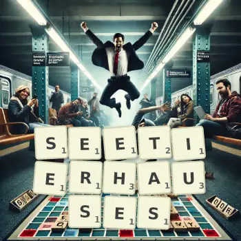 Kreative Illustration für ein Scrabble-Spiel, bei dem das Wort SEETIERHAUSES mit Steinen auf dem Brett gelegt wurde.