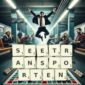 Kreative Illustration für ein Scrabble-Spiel, bei dem das Wort SEETRANSPORTEN mit Steinen auf dem Brett gelegt wurde.