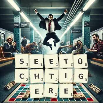 Kreative Illustration für ein Scrabble-Spiel, bei dem das Wort SEETÜCHTIGERE mit Steinen auf dem Brett gelegt wurde.