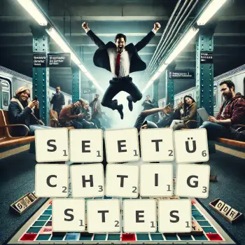 Kreative Illustration für ein Scrabble-Spiel, bei dem das Wort SEETÜCHTIGSTES mit Steinen auf dem Brett gelegt wurde.
