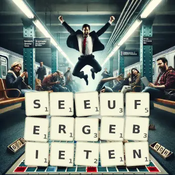 Kreative Illustration für ein Scrabble-Spiel, bei dem das Wort SEEUFERGEBIETEN mit Steinen auf dem Brett gelegt wurde.