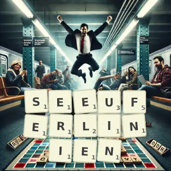Kreative Illustration für ein Scrabble-Spiel, bei dem das Wort SEEUFERLINIEN mit Steinen auf dem Brett gelegt wurde.