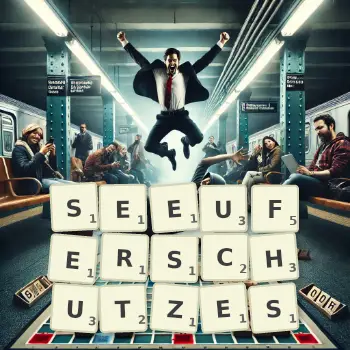 Kreative Illustration für ein Scrabble-Spiel, bei dem das Wort SEEUFERSCHUTZES mit Steinen auf dem Brett gelegt wurde.