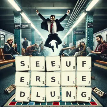 Kreative Illustration für ein Scrabble-Spiel, bei dem das Wort SEEUFERSIEDLUNG mit Steinen auf dem Brett gelegt wurde.