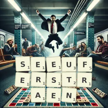 Kreative Illustration für ein Scrabble-Spiel, bei dem das Wort SEEUFERSTRAEN mit Steinen auf dem Brett gelegt wurde.