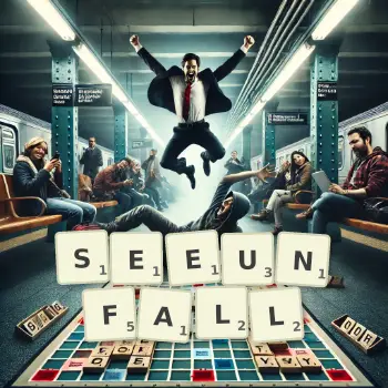 Kreative Illustration für ein Scrabble-Spiel, bei dem das Wort SEEUNFALL mit Steinen auf dem Brett gelegt wurde.