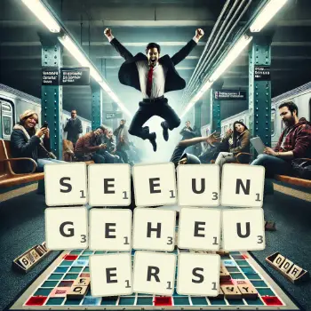 Kreative Illustration für ein Scrabble-Spiel, bei dem das Wort SEEUNGEHEUERS mit Steinen auf dem Brett gelegt wurde.