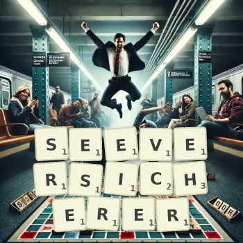 Kreative Illustration für ein Scrabble-Spiel, bei dem das Wort SEEVERSICHERER mit Steinen auf dem Brett gelegt wurde.