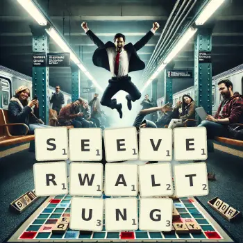 Kreative Illustration für ein Scrabble-Spiel, bei dem das Wort SEEVERWALTUNG mit Steinen auf dem Brett gelegt wurde.