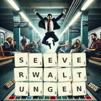 Kreative Illustration für ein Scrabble-Spiel, bei dem das Wort SEEVERWALTUNGEN mit Steinen auf dem Brett gelegt wurde.