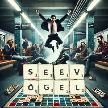 Kreative Illustration für ein Scrabble-Spiel, bei dem das Wort SEEVÖGEL mit Steinen auf dem Brett gelegt wurde.