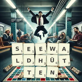 Kreative Illustration für ein Scrabble-Spiel, bei dem das Wort SEEWALDHÜTTEN mit Steinen auf dem Brett gelegt wurde.