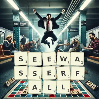 Kreative Illustration für ein Scrabble-Spiel, bei dem das Wort SEEWASSERFALL mit Steinen auf dem Brett gelegt wurde.