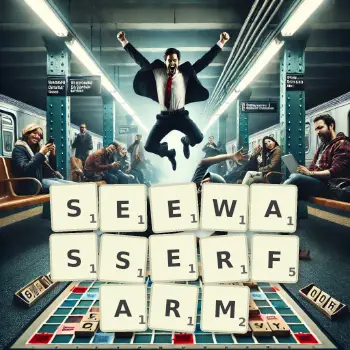 Kreative Illustration für ein Scrabble-Spiel, bei dem das Wort SEEWASSERFARM mit Steinen auf dem Brett gelegt wurde.
