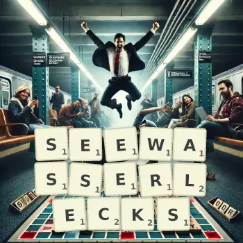 Kreative Illustration für ein Scrabble-Spiel, bei dem das Wort SEEWASSERLECKS mit Steinen auf dem Brett gelegt wurde.