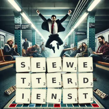 Kreative Illustration für ein Scrabble-Spiel, bei dem das Wort SEEWETTERDIENST mit Steinen auf dem Brett gelegt wurde.