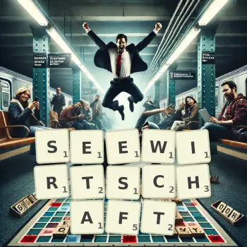 Kreative Illustration für ein Scrabble-Spiel, bei dem das Wort SEEWIRTSCHAFT mit Steinen auf dem Brett gelegt wurde.
