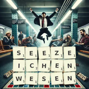 Kreative Illustration für ein Scrabble-Spiel, bei dem das Wort SEEZEICHENWESEN mit Steinen auf dem Brett gelegt wurde.