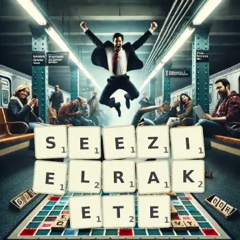 Kreative Illustration für ein Scrabble-Spiel, bei dem das Wort SEEZIELRAKETE mit Steinen auf dem Brett gelegt wurde.
