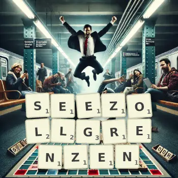 Kreative Illustration für ein Scrabble-Spiel, bei dem das Wort SEEZOLLGRENZEN mit Steinen auf dem Brett gelegt wurde.