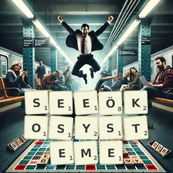 Kreative Illustration für ein Scrabble-Spiel, bei dem das Wort SEEÖKOSYSTEME mit Steinen auf dem Brett gelegt wurde.