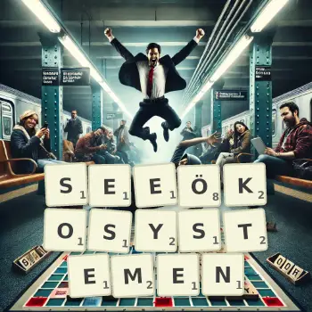 Kreative Illustration für ein Scrabble-Spiel, bei dem das Wort SEEÖKOSYSTEMEN mit Steinen auf dem Brett gelegt wurde.