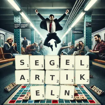 Kreative Illustration für ein Scrabble-Spiel, bei dem das Wort SEGELARTIKELN mit Steinen auf dem Brett gelegt wurde.