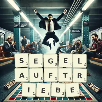 Kreative Illustration für ein Scrabble-Spiel, bei dem das Wort SEGELAUFTRIEBE mit Steinen auf dem Brett gelegt wurde.