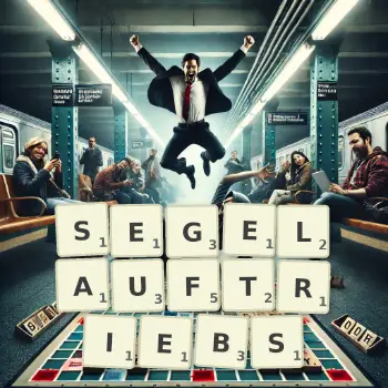 Kreative Illustration für ein Scrabble-Spiel, bei dem das Wort SEGELAUFTRIEBS mit Steinen auf dem Brett gelegt wurde.