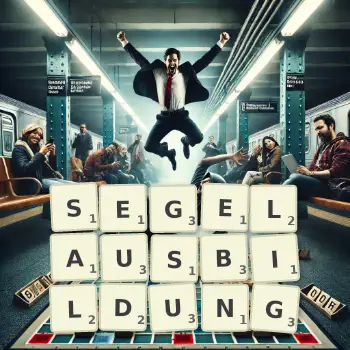 Kreative Illustration für ein Scrabble-Spiel, bei dem das Wort SEGELAUSBILDUNG mit Steinen auf dem Brett gelegt wurde.