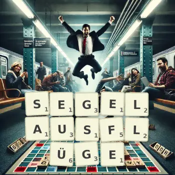 Kreative Illustration für ein Scrabble-Spiel, bei dem das Wort SEGELAUSFLÜGE mit Steinen auf dem Brett gelegt wurde.