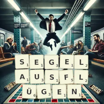 Kreative Illustration für ein Scrabble-Spiel, bei dem das Wort SEGELAUSFLÜGEN mit Steinen auf dem Brett gelegt wurde.