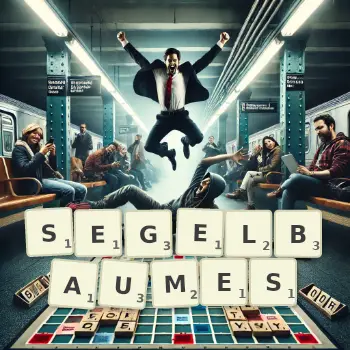 Kreative Illustration für ein Scrabble-Spiel, bei dem das Wort SEGELBAUMES mit Steinen auf dem Brett gelegt wurde.