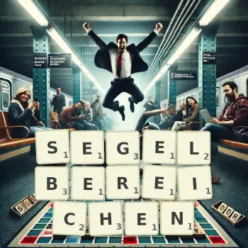 Kreative Illustration für ein Scrabble-Spiel, bei dem das Wort SEGELBEREICHEN mit Steinen auf dem Brett gelegt wurde.