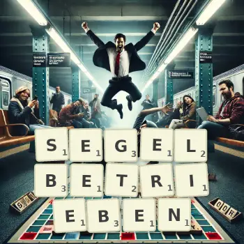 Kreative Illustration für ein Scrabble-Spiel, bei dem das Wort SEGELBETRIEBEN mit Steinen auf dem Brett gelegt wurde.