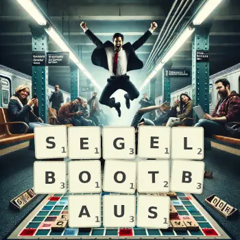 Kreative Illustration für ein Scrabble-Spiel, bei dem das Wort SEGELBOOTBAUS mit Steinen auf dem Brett gelegt wurde.