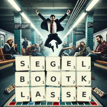 Kreative Illustration für ein Scrabble-Spiel, bei dem das Wort SEGELBOOTKLASSE mit Steinen auf dem Brett gelegt wurde.