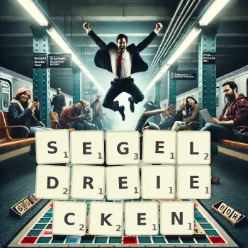 Kreative Illustration für ein Scrabble-Spiel, bei dem das Wort SEGELDREIECKEN mit Steinen auf dem Brett gelegt wurde.