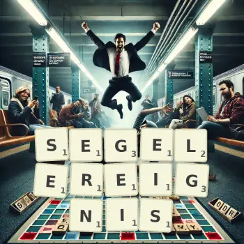 Kreative Illustration für ein Scrabble-Spiel, bei dem das Wort SEGELEREIGNIS mit Steinen auf dem Brett gelegt wurde.