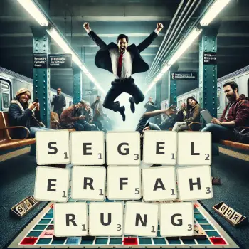 Kreative Illustration für ein Scrabble-Spiel, bei dem das Wort SEGELERFAHRUNG mit Steinen auf dem Brett gelegt wurde.