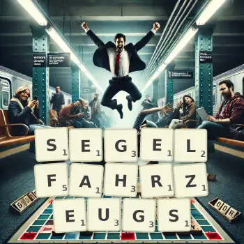 Kreative Illustration für ein Scrabble-Spiel, bei dem das Wort SEGELFAHRZEUGS mit Steinen auf dem Brett gelegt wurde.