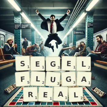 Kreative Illustration für ein Scrabble-Spiel, bei dem das Wort SEGELFLUGAREAL mit Steinen auf dem Brett gelegt wurde.